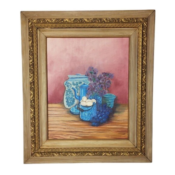 Vintage Still Life Original Oil Painting Wood Frame Grapes Flowers Eggs Signed - Picture 1 of 5